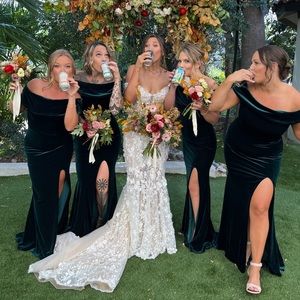 Green velvet off the shoulder gown